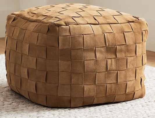 Luxury Handcrafted Suede Basketweave Pouf Ottoman Soft Durable Floor Cushion, Footrest, Accent Seating for Living Room, Bedroom, Office Stylish Modern Home Décor (Camel - Unstuffed, 18" x 18" x 14")