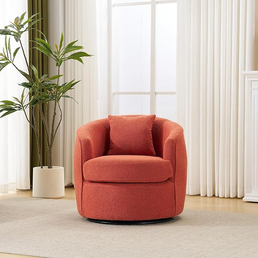 Swivel Accent Chair, Modern Upholstered Boucle Barrel Arm Chairs with Pillow for Living Room, 360 Degree Round Swivel Sherpa Armchair with Round Base for Bedroom Club (1, Orange)