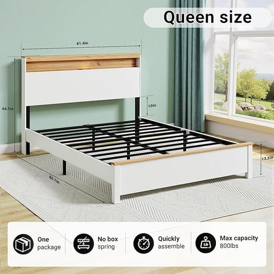 Queen Bed Frame, Wood Platform Bed Frame with Storage Headboard, Charging Station, Modern Bedframe Queen Size, 800lbs Capacity, Metal Slat Support, Noise-Free, No Box Spring Needed, White