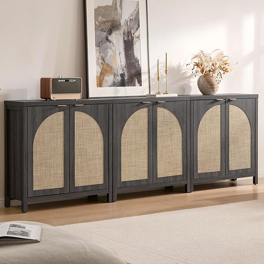 SICOTAS 102"W Rattan Sideboard Buffet Cabinet Set of 3, Modern Credenza Storage Cabinet with Arch Doors & Shelves, Boho Coffee Bar Media Console Cabinets for Kitchen, Living Room, Entryway, Black Oak
