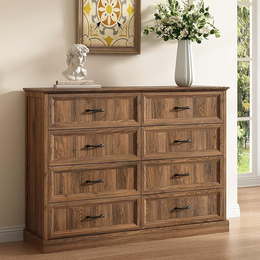 CARPETNAL Farmhouse 8 Drawer Dresser for Bedroom, 55 Inch Wide Modern Brown Dresser TV Stand with Large Drawers & Bar Handles, Rustic Wood Chest of Drawers for Bedroom, Living Room, Hallway, Entryway.
