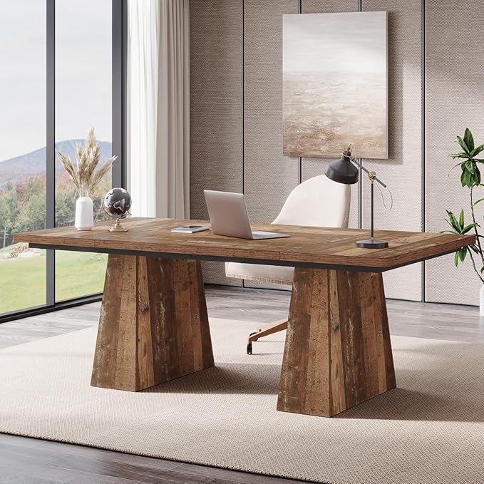Tribesigns 63-Inch Executive Desk, Large Office Computer Desk with Double Pedestal, Modern Simple Workstations Writing Table Conference Table Business Furniture for Home Office, Espresso Brown