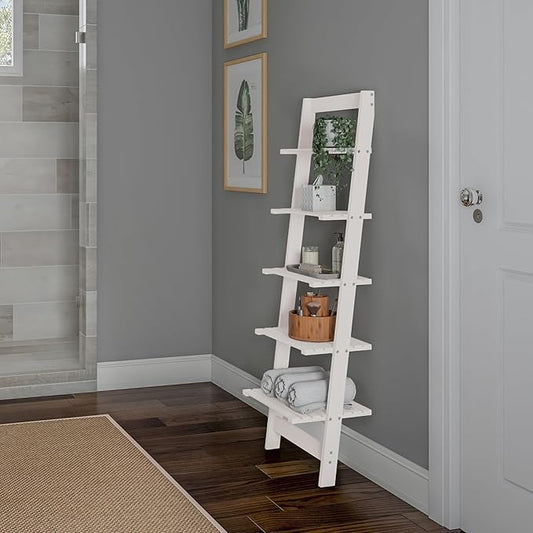 5-Tier Ladder Shelf - 50-Inch Narrow Leaning Bookshelf - Wooden Bookcase for Living Room, Bathroom, Kitchen, Office, or Bedroom Furniture by Lavish Home (White)