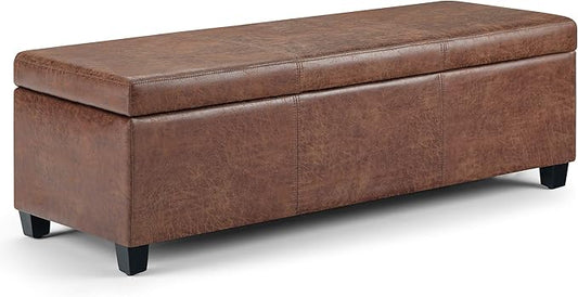 SIMPLIHOME Avalon 48 inch Wide Contemporary Rectangle Storage Ottoman Bench in Distressed Umber Brown Vegan Faux Leather, Assembled, For the Living Room, Entryway and Family Room