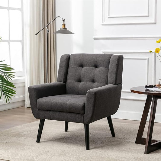 Dolonm Midcentury Modern Accent Chair with Arms, Upholstered Fabric Reading Side Chair Tufted Back Decorative Wingback Chair for Living Room Bedroom (Dark Grey)