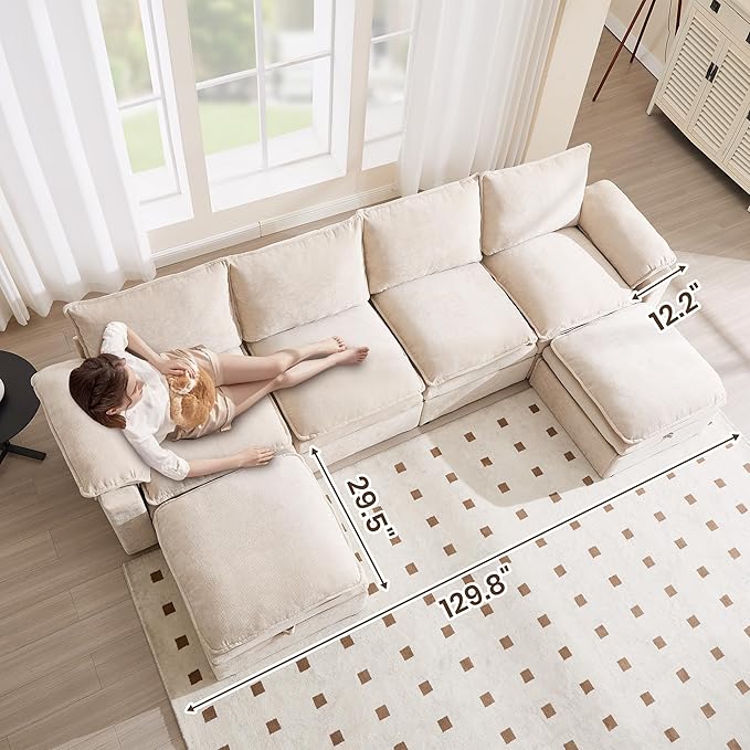 130" U Shaped Modular Sectional Sofa, Couch with Ottoman Storage, Chenille Cloud Couch with Plush Deep Seating for Living Room, Bedroom (7 Seat, Beige)