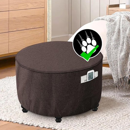 H.VERSAILTEX Small Round Ottoman Cover Thick Linen Look Ottoman Slipcover Round Ottoman Storage Cover Folding Stool Covers Furniture Protector for Footrest Ottoman Fit Dia 24" - 26", Heather Chocolate