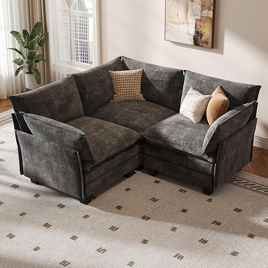 KKL Modular Sectional Sofa, V-Shaped 3 Seater Cloud Couch with Ottoman, Chenille Modern Sectional Couches for Living Room, Apartment Grey