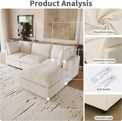 Cloud Sectional Couches for Living Room,100.5" Convertible L Shaped Couch with Ottoman, 4 Seater Modular Sectional Sofa,Deep Seater Furniture Sets,Beige