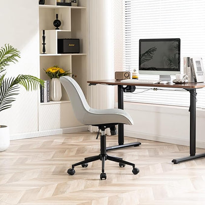 YOUNIKE Grey Ergonomic Home Office Desk Chair Armless Comfy Small Criss Cross Chair with Wheels Swivel Adjustable Modern Vanity Chair Wide Back Cute Leather Upholstered Rolling Task Chair No Arms