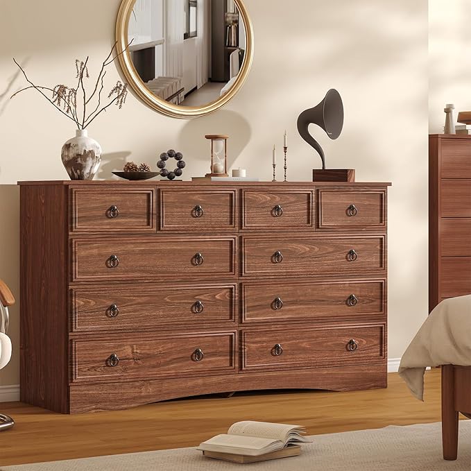 10 Drawers Dresser for Bedroom, 55.2 Inches Large Dressers Mid Century Modern Cherry Wood Chest of Drawers,Storage Organizer Furniture, Hallway, Entryway, Closet, Cherry Wood