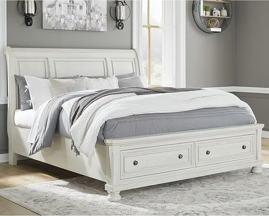Signature Design by Ashley Robbinsdale Casual King Sleigh Platform Bed with 2 Drawers, Foundation or Box Spring Not Needed, White