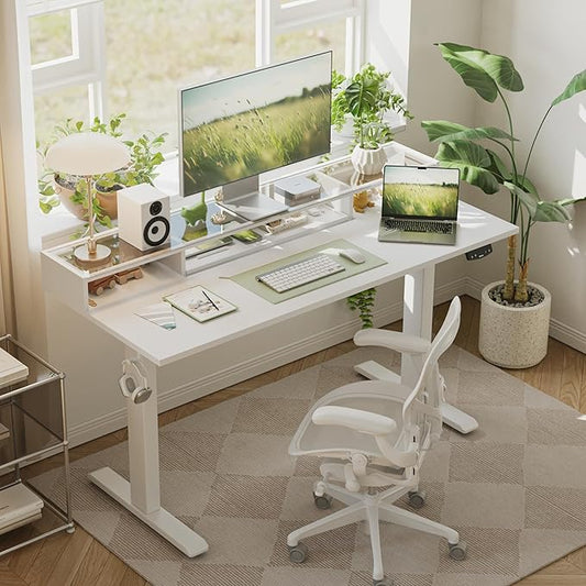 Agilestic Glass Standing Desk with Storage, 48 Inch Electric Adjustable Desk with Glass Shelf and Cable Management, Sit Stand Up Home Office Computer Table, Splice Board, White