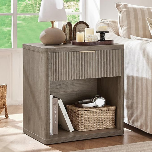 LEYAOYAO Fluted Nightstand with Charging Station, 23" Wide 1 Drawers End Table,Grey Night Stand with Open Storage Cabinet, Farmhouse Bed Side Tables, Wood Dresser for Bedroom, Living Room, Closet