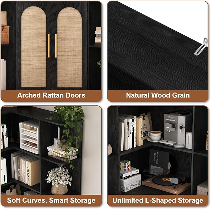 74" Tall Corner Bookshelf with 2 Arched Rattan Doors, 6-Tire L Shaped Bookcase with 16 Open Storage Shelves, Boho Large Corner Shelf with Cabinet for Living Room, Home Office