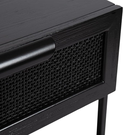 Kate and Laurel Ori Modern Cane Rectangle Side Table, 18 x 15 x 24, Black, Versatile Rattan Living Room End Table with Drawer for Storage and Home Decor
