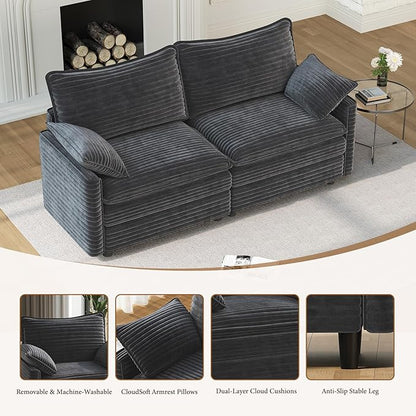 Vesgantti 74" Loveseat Sofa for Living Room, Comfy Cloud Couch Deep Seat Corduroy Modern 2 Seater Small Sofa with Armrest Pillow, Easy Assembly for Small Spaces, Gray