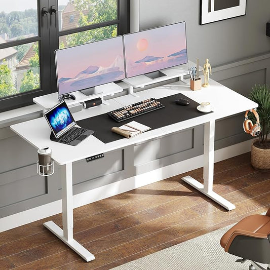 ONBRILL Standing Desk with 2 Adjustable Monitor Shelves, 71 x 24 Inches Electric Stand Up Desk with Memory Controller and Adjustable Height from 28-46 inches for Computer Workstations, White