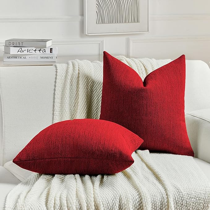 FUTEI Christmas Red Chenille Decorative Throw Pillow Covers 12x20 Inch Set of 2,Soft Cozy Faux Linen Textured Lumbar Pillow Cases,Farmhouse Home Decor for Couch Living Room