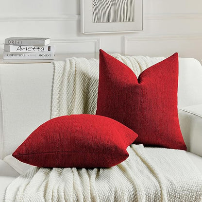 FUTEI Christmas Red Chenille Decorative Throw Pillow Covers 20x20 Inch Set of 2,Soft Cozy Faux Linen Textured Cushion Case,Farmhouse Home Decor for Couch Living Room