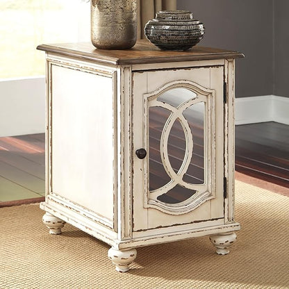 Signature Design by Ashley Realyn Farmhouse Chair Side End Table with Cabinet For Storage, Antique White & Brown