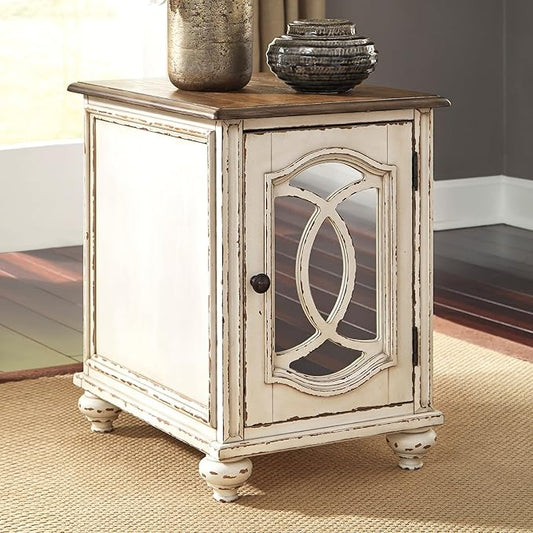 Signature Design by Ashley Realyn Farmhouse Chair Side End Table with Cabinet For Storage, Antique White & Brown
