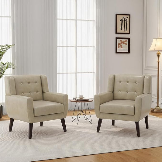 Accent Chair, Mid-Century Modern PU Leather Chairs with Arms for Living Room, Comfy Upholstered Club Single Sofa Armchair for Bedroom Waiting Room with Solid Wood Frame