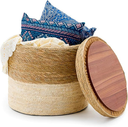 Wimarsbon 18'' Ottoman Pouf, Natural Braided Poof, Rustic Handweave Lounge Pouffe, Boho Footrest Stool for Bedroom, Accent Table for Living Room (Stoage - 18inch Cattail+Beige Corn Husk L)