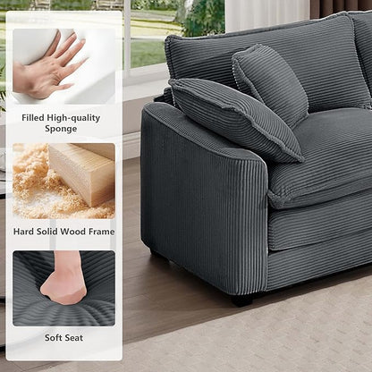 mikibama Luxury 3 Piece Sofa Set, 3-Seater & 2 Loveseat Couch Set, Modern Corduroy Comfy Cloud Couches Set for Living Room Office with 6 Armrest Pillows and 7 Toss Pillows, Grey