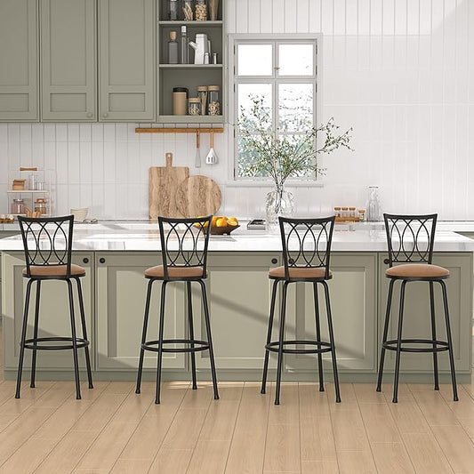 VECELO Barstools, Adjustable Counter Stools, Steel Bar Stools with 360 Degree Swivel Seat and Upholstered, Curved Line Backrest,