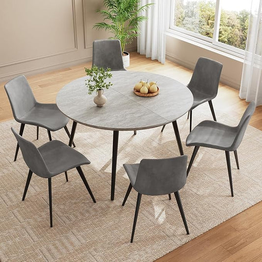 43.3"-59.1" Extendable Round Dining Table Set, Kitchen Table for 6 Person with Scratch-Resistant Thickened MDF Board, Gray Coffee Table w/Metal Legs