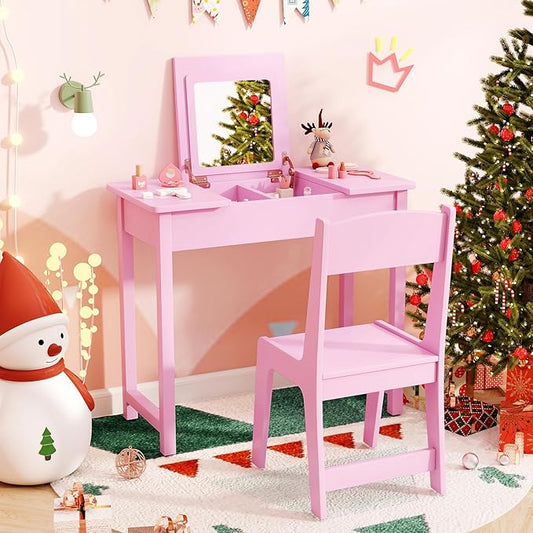 HONEY JOY Kids Vanity, Wooden Girls Vanity Desk with Flip Top Mirror, Hidden Storage Space, Toddler Makeup Vanity Dressing Table, Pretend Play Kids Vanity Table and Chair Set (Pink)