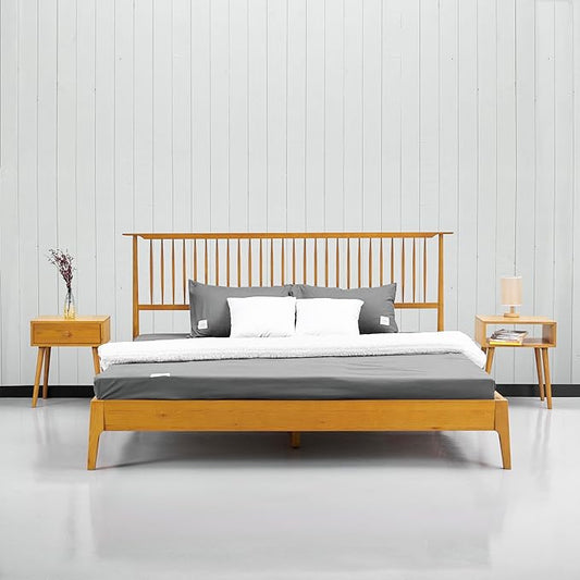 NTC Ruby Wooden Bed Frame with Headboard, Solid Oak and Rubber Wood Foundation with Silent Slats and Wood Central Supports, 1000 Lb Capacity, Effortless Assembly, King - Rustic Oak