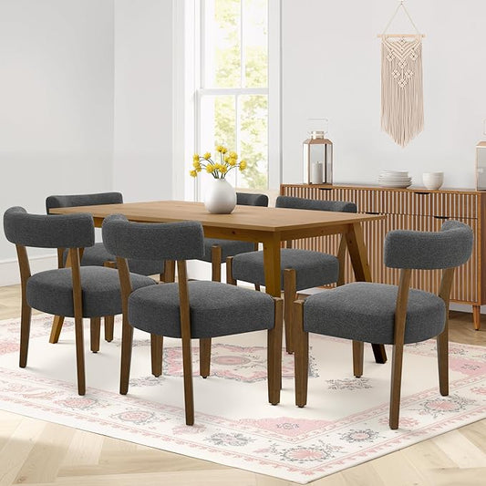 Modern Dining Chairs Set of 6, Walnut Upholstered Kitchen & Dining Room Chairs, Mid Century Wooden Dining Chairs Oversized Sturdy Fabric Rounded Chairs Curved Back, Dark Grey