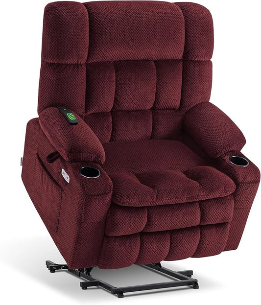 MCombo Dual Motor Power Lift Recliner Chair for Elderly, Lay Flat Lift Chair with Heat and Massage, Extra Wide Lift Recliner for Big People, Cup Holders, Fabric R7897 (Burgundy, Medium-Wide)