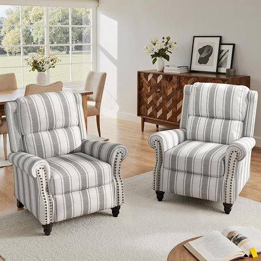 Lumibee Pushback Recliner Chair,Upholstered Wingback Chair for Small Spaces,2 Set of Floral Fabric Armchair for Living Room,Single Sofa Accent Chair Reading Seat for Balcony,Bedroom-Striple Gray