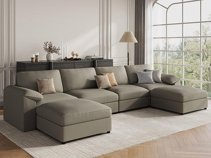 EASE MOOSE Oversized U Shaped Couch,Modular Sectional Convertible Sofa with Wide Deep,Extra Large Faux Leather Scratch Resistant Modern Couch for Big Spaces,Light Grey
