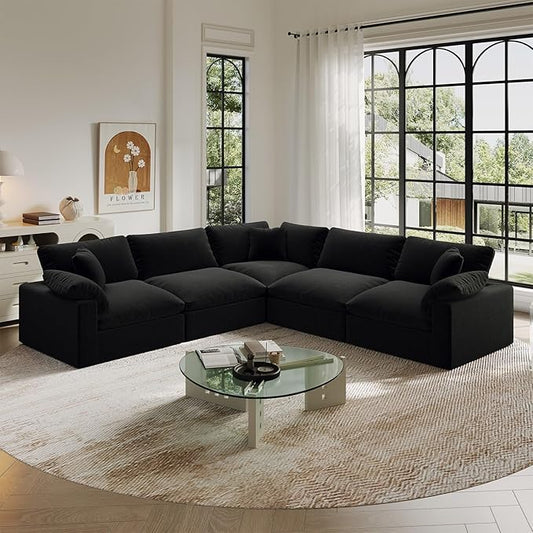 Cloud Modular Sectional Sofa,211.6" Down Filled Sofa 5 Seat with Chaise,Minimalist Sofa Cover Washable and Replaceable Couches for Living Room,Sectional Sofa Deep Seat Black