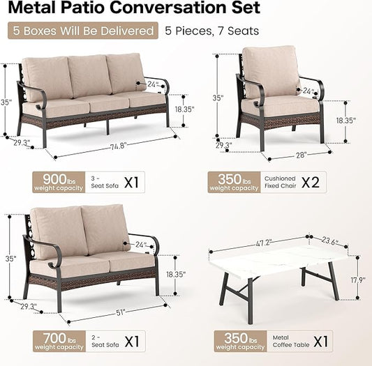 5 Piece Metal Outdoor Patio Furniture Set, Patio Conversation Sets 1 3-Seater Sofa, 2-Seater Sofa, 2 Fixed Sofa with 5.75" Thick Cushion & Coffee Table Black Backyard Furniture, Beige
