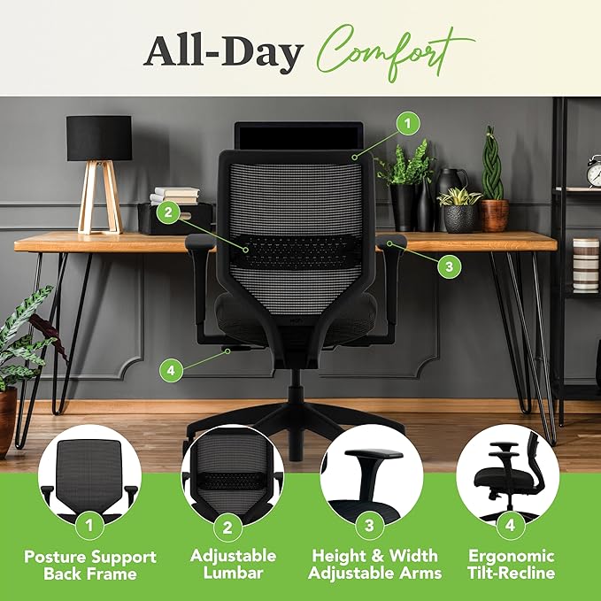 HON Solve Task Chair, Ergonomic Office Chair Mesh Back Support, Adjustable Lumbar Support, with Wheels, Height-Adjustable Arms, for Computers, Desks, Home Office, Black
