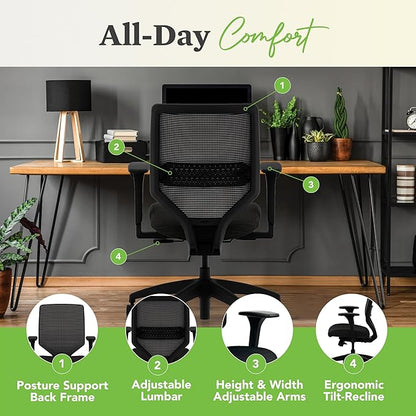 HON Solve Task Chair, Ergonomic Office Chair Mesh Back Support, Adjustable Lumbar Support, with Wheels, Height-Adjustable Arms, for Computers, Desks, Home Office, Black