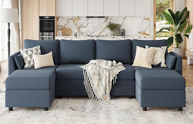 114.17" Modular Sectional Sofa, 6 Seat Sectional Couches with Storage, Memory Foam, Convertible Modular Couch for Living Room, U Shaped Comfy Modular Sofa with Chaise, Blue Grey