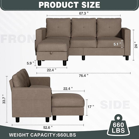 JY QAQA Convertible Sectional Sofa Couch with 3-Seat Sofa, L-Shaped Ottoman Couch with Modern Linen Fabric for Small Living Room, Apartment and Small Space(Brown)