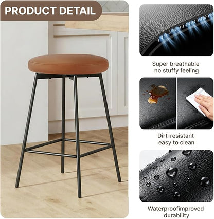 Swivel Bar Stools Set of 4, 24" Counter Height Bar Stool, Backless Barstools with Faux Leather Upholstered Seat&Sturdy Wood Legs for Kitchen Island, Brown