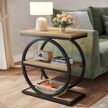 Tribesigns Side End Table with 3 Storage Shelves, Industrial Sofa Table with Round Metal Frame for Living Room, Engineered Wood Nightstand for Bedroom, Oak
