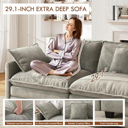 WorthFurni 77 Inch Cloud Sofa Loveseat, Comfy Sectional Couch, 2-Seater Chenille Deep Seat Sofa with Throw Pillows for Living Room Bedroom Apartment （Grey）