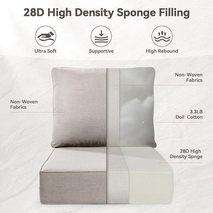 Luxury 6" Outdoor Cushions for Patio Furniture, 24x24x6" Thick Seat Cushion Set of 8, Fade Resistant Couch Chair Replacement Cushions High Density Deep Wicker Chair Cushion w/ Removable Cover, Beige