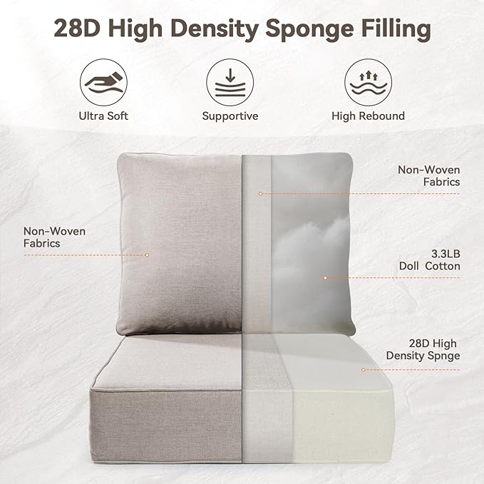 Luxury 6" Outdoor Cushions for Patio Furniture, 24x24x6" Thick Seat Cushion Set of 4, Fade Resistant Couch Chair Replacement Cushions High Density Deep Wicker Chair Cushion w/ Removable Cover, Beige