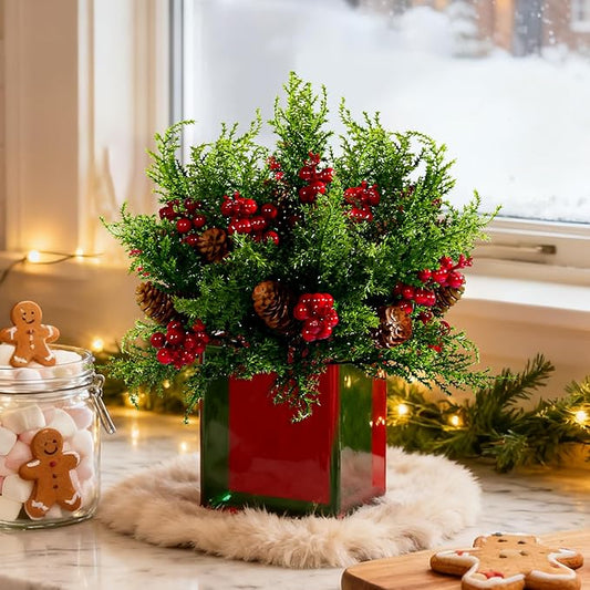 8PCS Artificial Pine Branches with Red Berry Pine Cones Artificial Needles Branches Greenery Stems Fake Greenery Floral Arrangements
