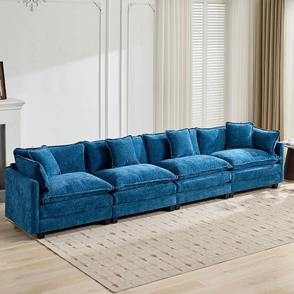 Aoowow Modular Sectional 4 Seater Cloud Sofa Couch for Living Room,149.6" Cloud Sofas with Deep Seat,Modern Chenille 4 Seat Sofas,Fluffy Cloud Couches for Bedroom,Office,Hotel (Blue, 4 Seater)
